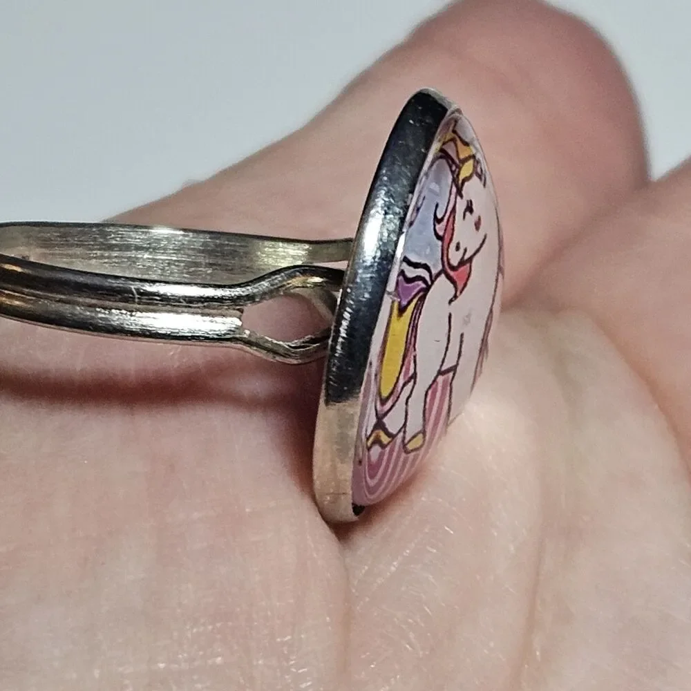 Silver Tone Carbochon Pastel Pink Blue Purple Unicorn Adjustable Ring
